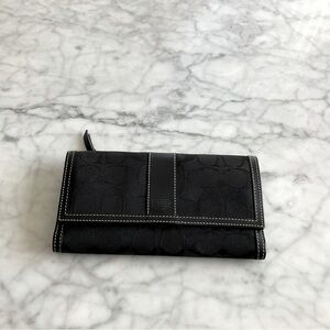Coach Wallet Tri Fold Jacquard Signature Billfold Optic Logo Leather Trim Black